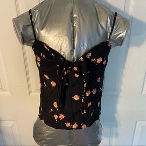 John Galt Black Rose Spaghetti Strap, Front Tie, Crop Top, Small